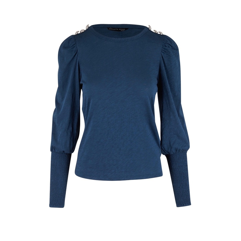 Veronica‎ Beard meg petrol Teal Pima Cotton Puff Sleeve Smocked Top Buttons XS